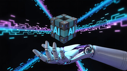 Futuristic robotic hand presenting an advanced AI cube with glowing neon circuits and digital data streams representing artificial intelligence machine learning cyber technology and high tech innovati