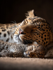 Mother leopard with little leopard cute sleeping, close-up