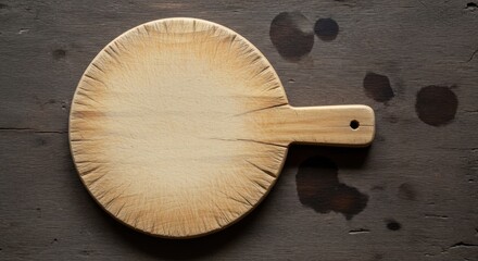Rustic wooden cutting board with handle, showing scratches and stains, placed on a dark wooden surface with water spots, top down view.