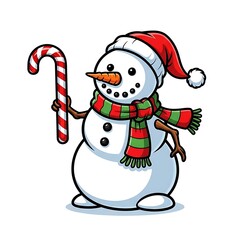 Cute Snowman with Scarf and Hat in Winter Snow &ndash; Holiday Christmas Card Illustration