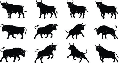 Bull silhouette vector illustration, dynamic animal poses, charging and standing stances, cad drawing flat vector illustration, wildlife icon design