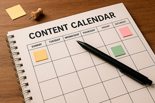 Content calendar with pen and push pin concept for content planning and organization.