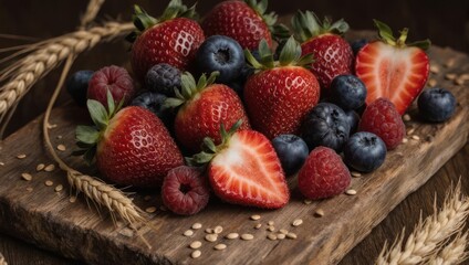 A vibrant still life featuring fresh strawberries, blueberries, and raspberries on a wooden surface with wheat