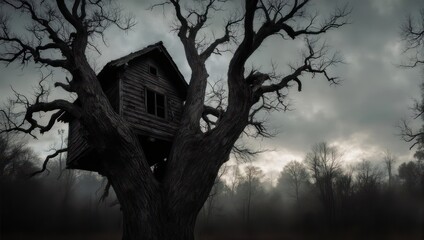 A weathered wooden treehouse nestled in a bare-branched tree against a dramatic, clouded sky