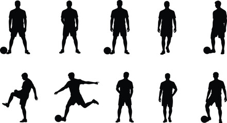 Soccer player silhouette vector illustration, football action poses, kicking ball stance, cad drawing flat vector illustration, sports icon design © LatifunNahar