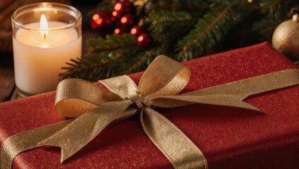 A wrapped red gift box with a gold bow sits near a lit candle and Christmas decorations