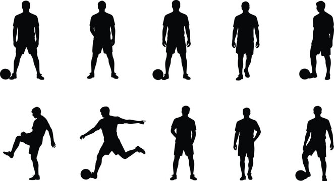 Soccer player silhouette vector illustration, football action poses, kicking ball stance, cad drawing flat vector illustration, sports icon design