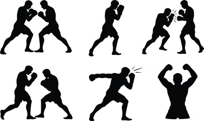 Boxing silhouette vector illustration, fighter poses, punch action, victory stance, cad drawing flat vector illustration, combat sport icon design