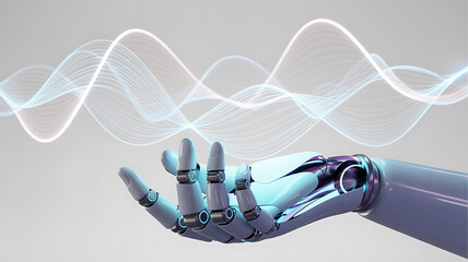 Futuristic robotic hand with glowing digital waves flowing above the palm representing advanced technology artificial intelligence automation virtual energy patterns and modern cyber innovation
