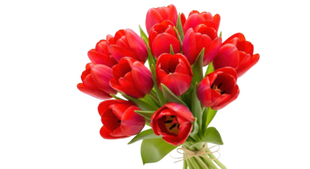 Red tulips bouquet tied with twine on black background
