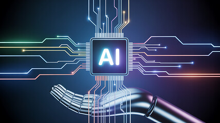 Futuristic robotic hand supporting a glowing AI processor with colorful digital circuits flowing outward representing artificial intelligence data connectivity cyber technology and advanced innovation