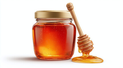 A close-up shot of a glass jar filled with golden honey, accompanied by a wooden honey dipper dripping with the viscous liquid.