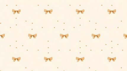 Seamless pattern featuring scattered gold polka dots and charming golden ribbon bows set against a soft light cream or beige textured background suitable for decorative purposes