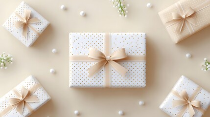 Elegant gift boxes wrapped in white paper with gold polka dots and beige satin ribbons arranged in a flat lay style with decorative pearls and sprigs of greenery