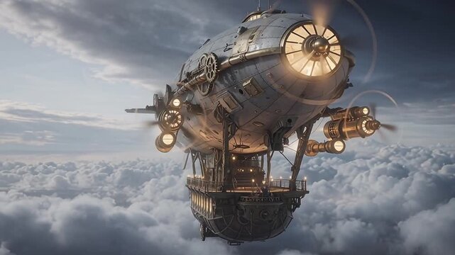 Steampunk airship floating in the sky, featuring metal hull, gears, pipes, and retrofuturistic design inspired by Victorian era fantasy and adventure.2