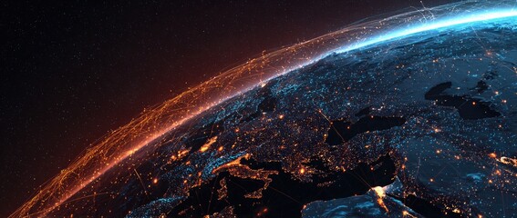 Earth view from space with interconnected networks, orange to blue gradient