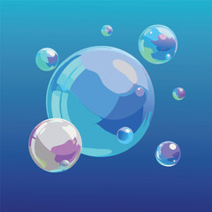 Colorful floating soap bubbles with soft reflections on a dark blue background, shiny and vibrant.