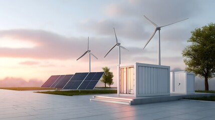 A futuristic renewable energy hub at sunset featuring advanced wind turbines photovoltaic panels and modular energy storage containers integrated into the landscape