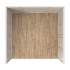 Empty room with wooden floor and white walls, top-down perspective