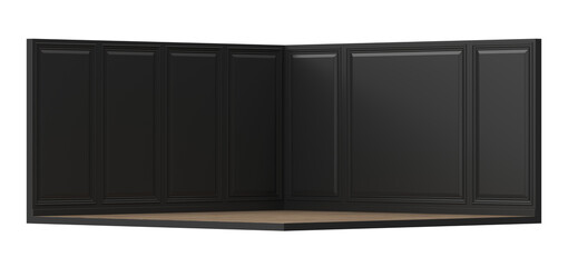 Black corner wall paneling with wood floor for product display