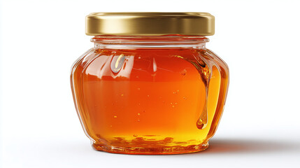 A small, ornate glass jar filled with golden honey, sealed with a metallic cap