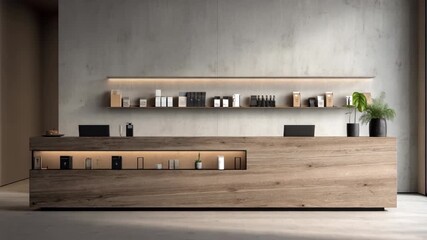 Modern reception desk with minimalist design featuring neatly organized essentials and a calming ambiance to greet visitors warmly.