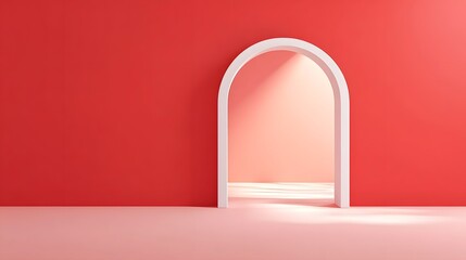 An abstract and serene minimalist interior scene with a smooth white archway a striking red wall a delicate pink floor and soft diffused light creating an inviting atmosphere
