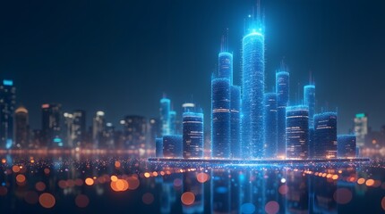 Illustration of futuristic holographic skyscraper glowing with data streams
