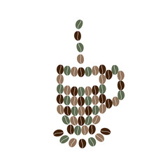 Coffee Cup with saucer and steam made of multicolored Coffee beans Minimalistic Flat Design element. Isolated Vector illustration Coffee Day Greetings Thematic Cards Social media Post Promo Materials