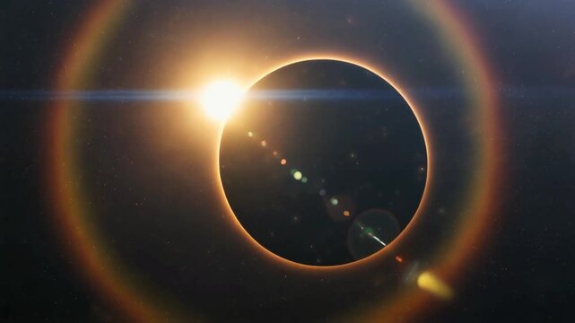 A glowing sun slowly emerges from behind a large dark planet, creating a dramatic halo and lens flare