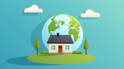 Illustration of global real estate with Earth inside house icon