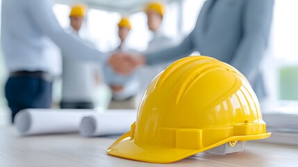 A yellow safety hard hat and rolled blueprints on a table with blurred construction workers shaking hands in background signifying a successful deal and collaborative project start