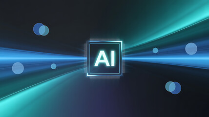 Futuristic AI processor glowing at the center of fast moving digital beams with neon lines and luminous waves representing artificial intelligence cyber technology data flow and advanced innovation