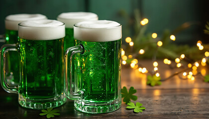 Four Green Beer Mugs with Foam and Clover Decorations