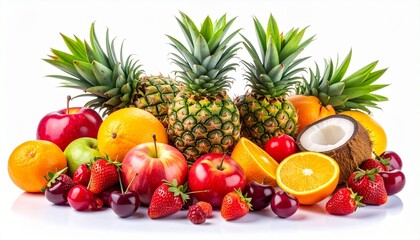 Colorful assortment of fresh fruits including pineapples, apples, oranges, berries, coconut, and peaches on white background