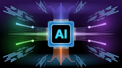 Futuristic AI processor with glowing digital circuits streaming outward in colorful lines representing artificial intelligence data flow cyber technology automation and advanced electronic innovation
