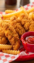 Crispy Chicken Tenders with French Fries and Ketchup on Checkered Paper.