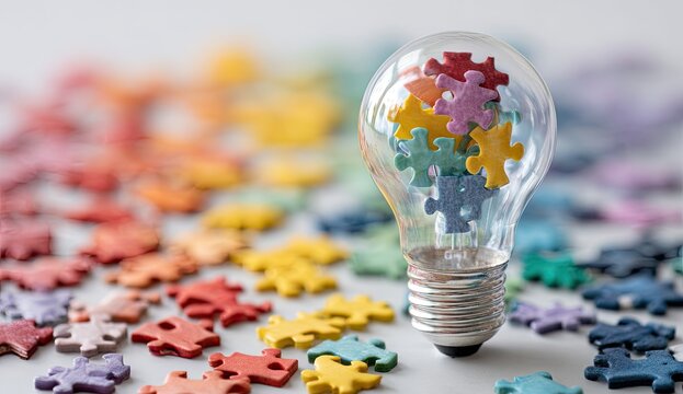 A light bulb with jigsaw puzzle pieces inside, with more pieces scattered in the background