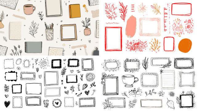 A creative collection of decorative frames, plants, notes, borders, and artistic elements in mixed styles perfect for journaling, scrapbooking, planners, and hand drawn illustration projects.
