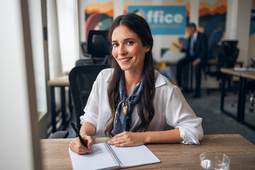 Smiling Female Professional Working at Desk in Modern Office Setting