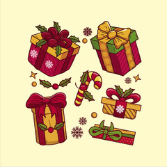 Assortment of colorful festive holiday gift boxes wrapped with ribbons and decorated with holly berries candy canes and snowflakes creating a cheerful seasonal background pattern
