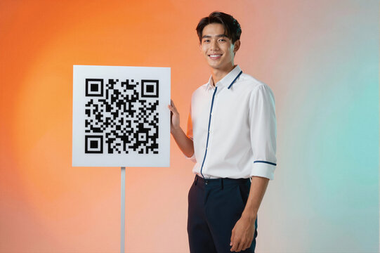 A smiling man in a white shirt holding a QR code sign against an orange and blue gradient background. - Powered by Adobe