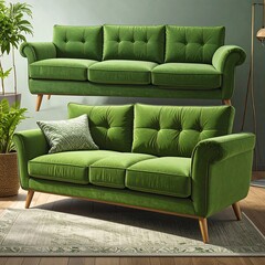 Two emerald green velvet sofas