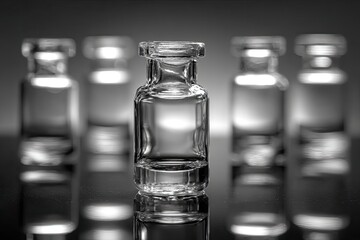 Black and white image of glass vials in a blurry backdrop with one in focus