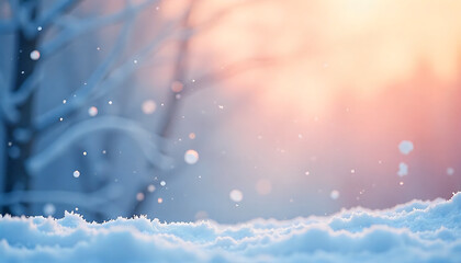 A soft, dreamy winter scene with pale pink-orange glow, delicate bokeh snowflakes, and a snowy foreground, 8k image