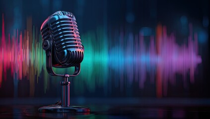 Retro microphone stands against a vibrant, abstract background of pulsating sound waves