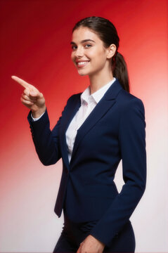 A smiling woman in a navy blue business suit pointing to the left against a red gradient background.