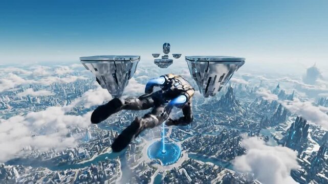 Futuristic Soldier Soars Through Icy Sky With Jetpack.