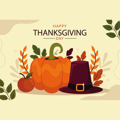 Festive flat design illustration featuring a large orange pumpkin a pilgrim hat and autumn foliage celebrating the happy thanksgiving day holiday season