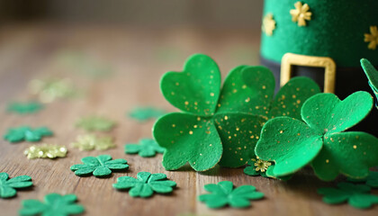 Green Shamrocks and Confetti on Wood with Hat